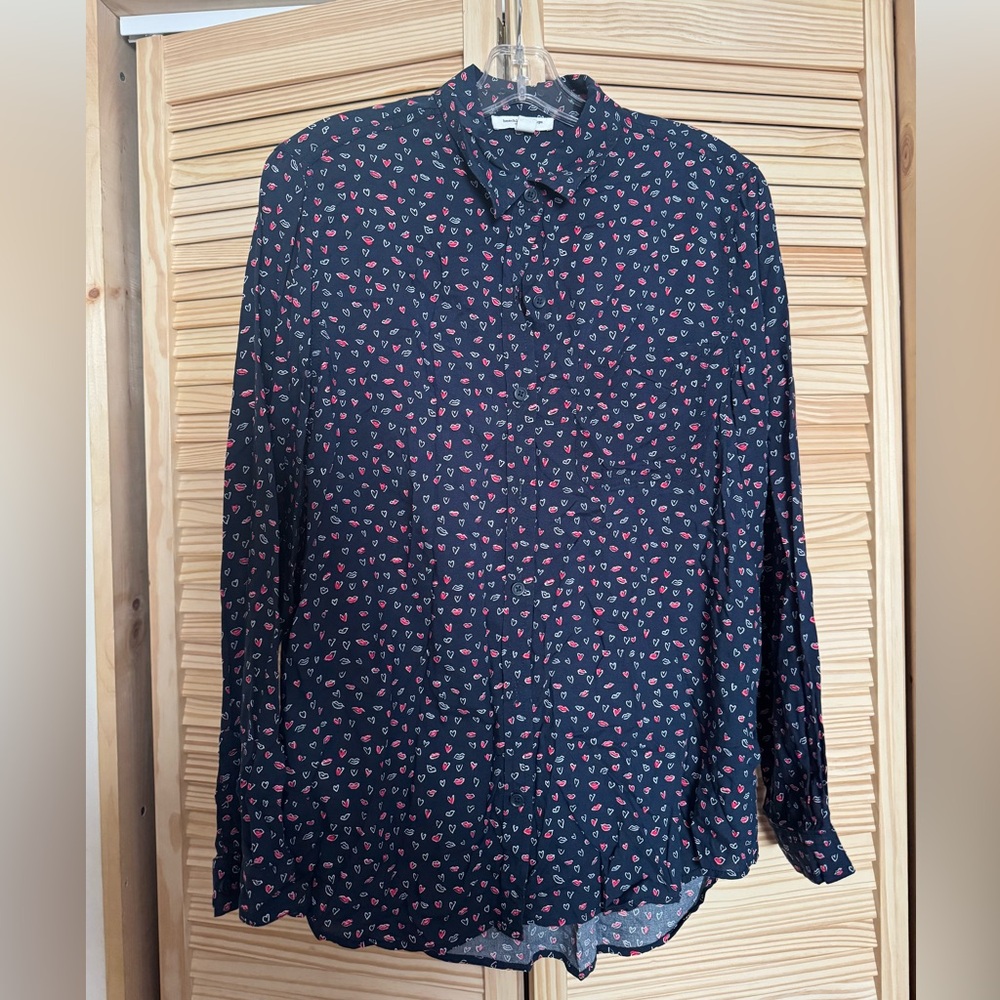 Beach Lunch Lounge Shirt Womens XL Navy Blue Heart Lips Print Button Up Love